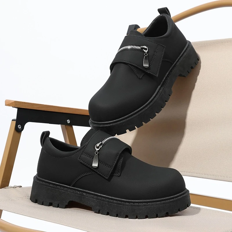 Mens New Spring Round Toe Chunky Derby Boots Black Wide Fit Height Increase Platform Sole Side Zipper British Retro Casual Shoes