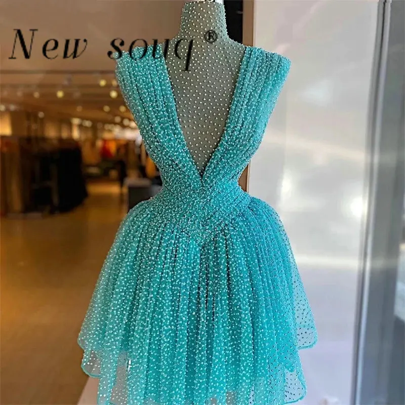 Fancy Sky Blue Short Prom Dresses High Neck Classy Dinner Party Gowns Outfits Beaded Elegant Pretty Gala Dress Custom Made Robes