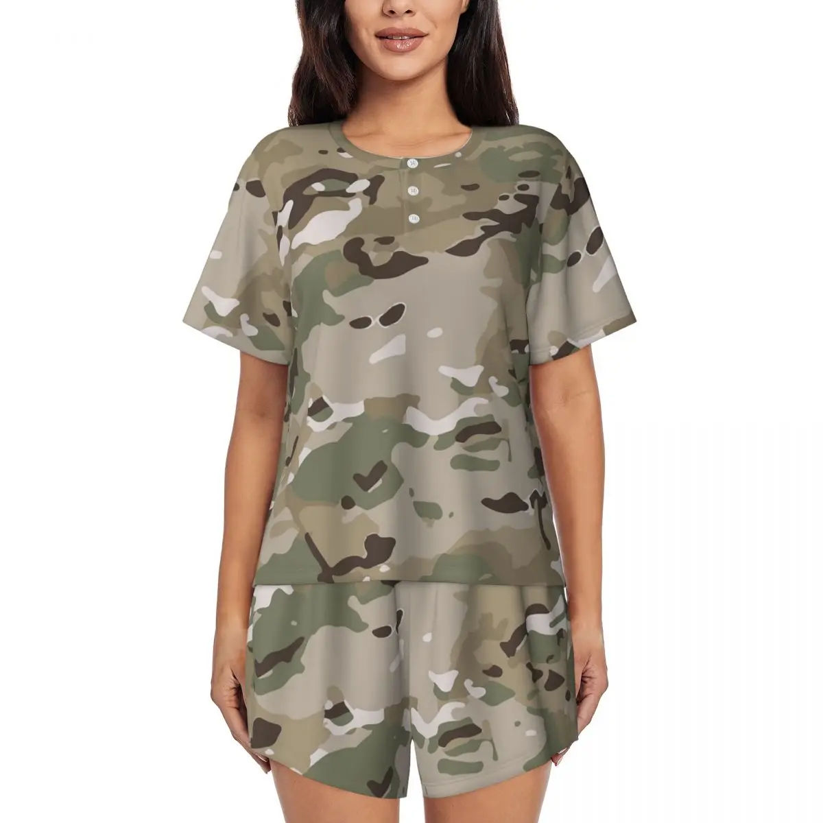 Women MultiCam Camouflage Pajamas Set Custom Print Military Camo Two-piece Pjs Sets Short Sleeve Sleepwear Loungewear