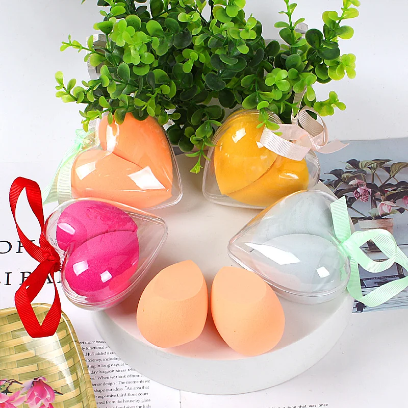 2 pc/set esponja de maquiagem caixa em forma de coração material sem látex cosméticos pó puff fundação uso ferramentas de maquiagem de beleza kawaii