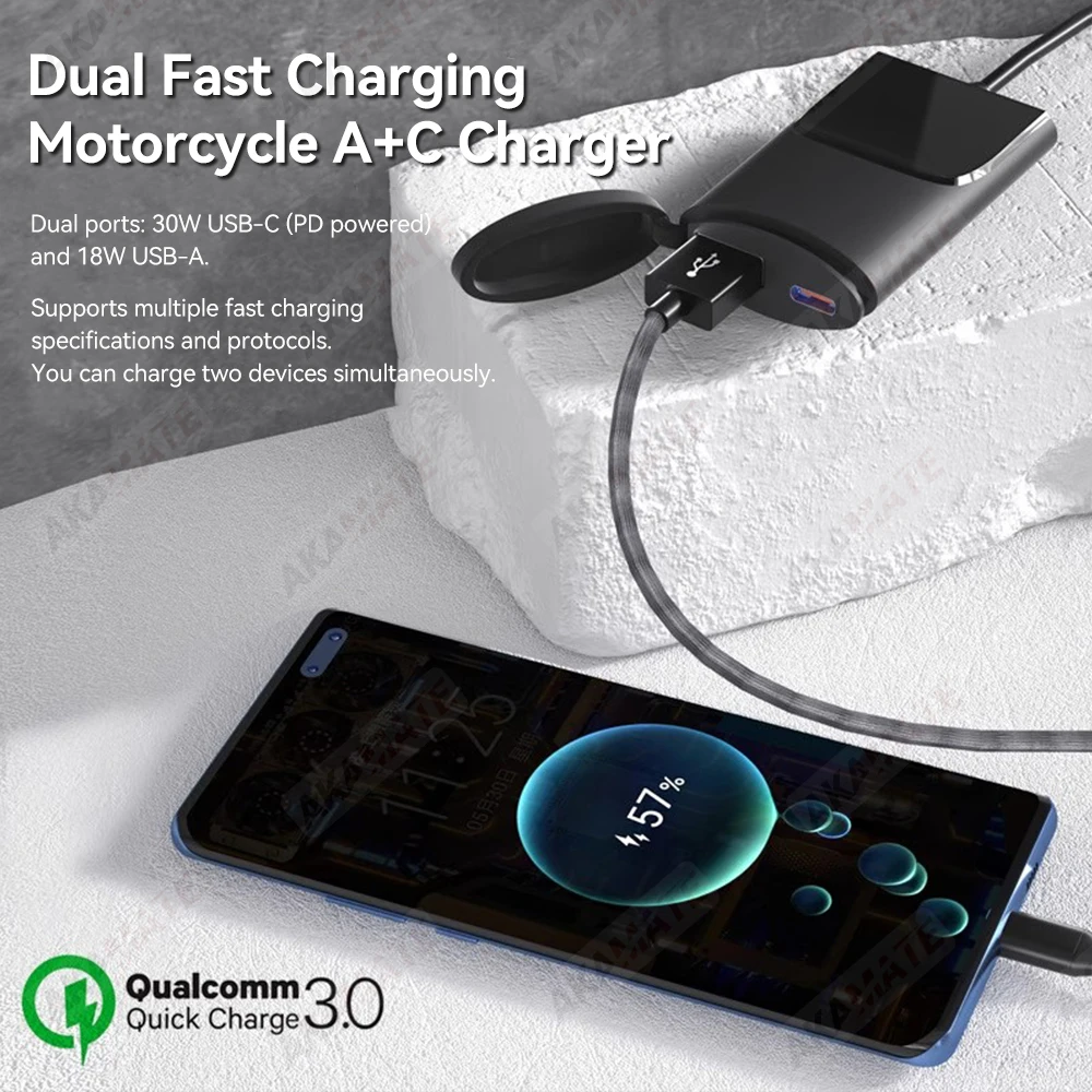 شاحن دراجة نارية QC3.0 30 واط USB نوع-C شاحن سريع مقاوم للماء المقود تصاعد قوس شاحن الهاتف 12 فولت/24 فولت دراجة نارية