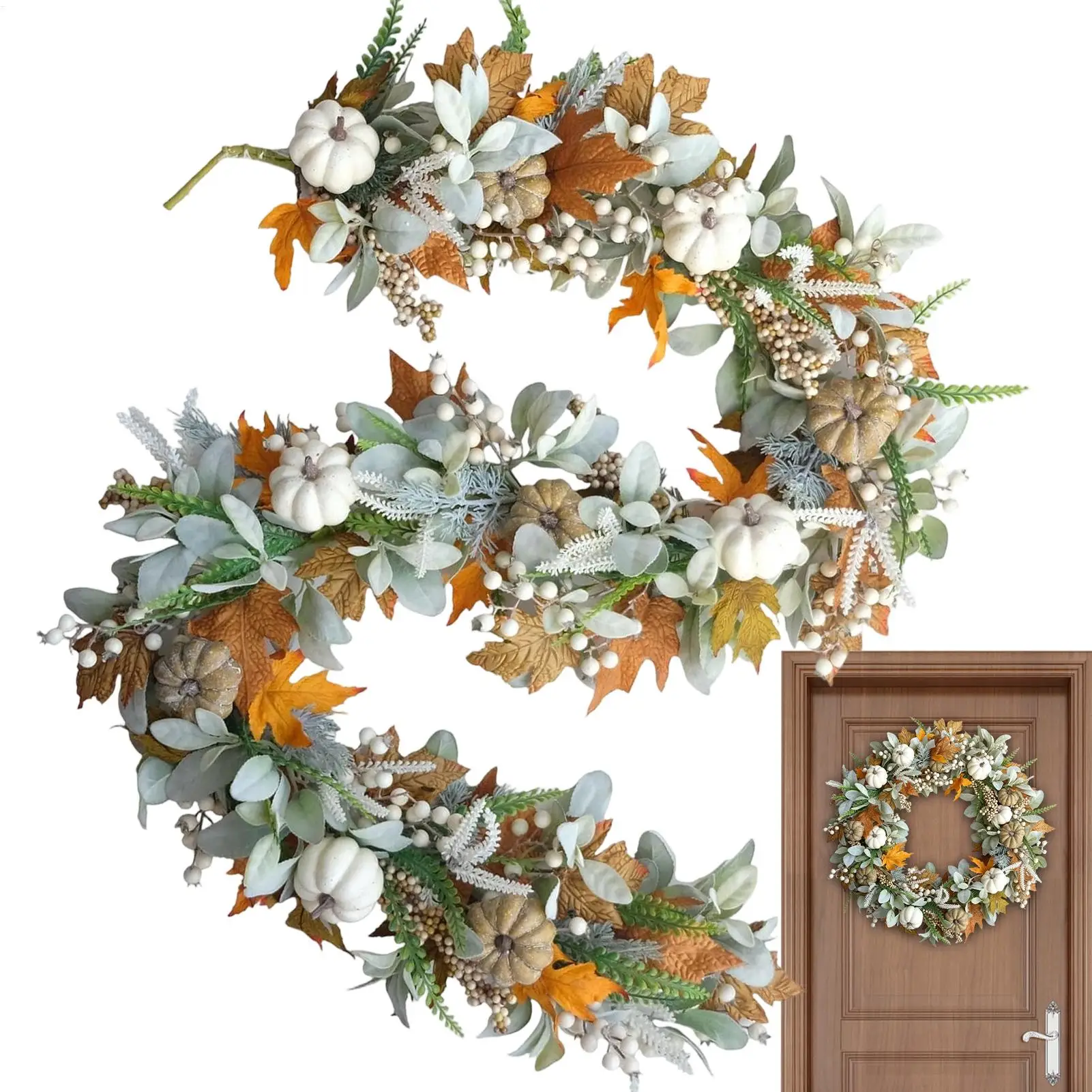 Pumpkin Vine Decoration 6ft Long Autumn Maple Leaves Vine Garland Thanksgiving Halloween Christmas Decor For Home Harvest Table