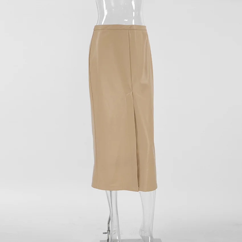 Women's Skirt 2025 Fashion Latest Hot Selling Style Autumn/winter Khaki Pu Retro Style Mid Waist Slim Fit and Sexy Split Skirt