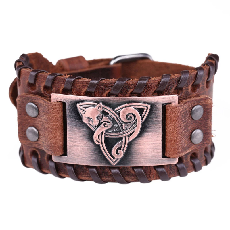 Trendy Totem Design Odin Triangle Fox Bracelet Men\'s Bracelet Fashion Leather Animal Viking Accessories Party Jewelry Wholesale