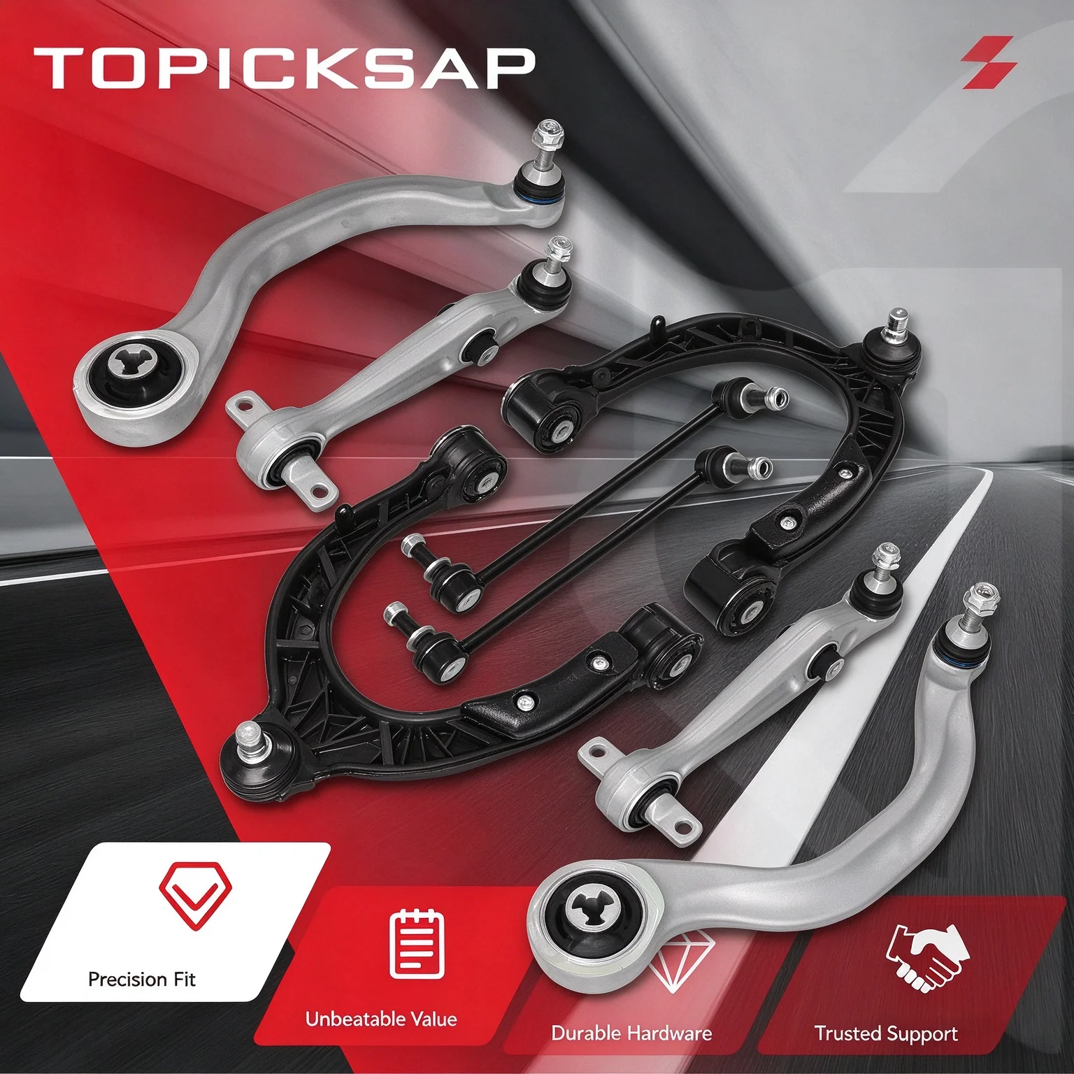 TOPICKSAP 8Pcs Front Suspension Kit Upper Lower Control Arms With Ball Joints For Tesla Model 3 2017-2026 104434100D