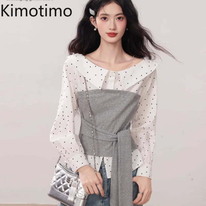 Kimotimo Women Shirts Fashion Polka Dot Patchwork Bandage Waist Long Sleeve Tops 2026 Autumn Y2k Aesthetic Fake Two Piece Blouse
