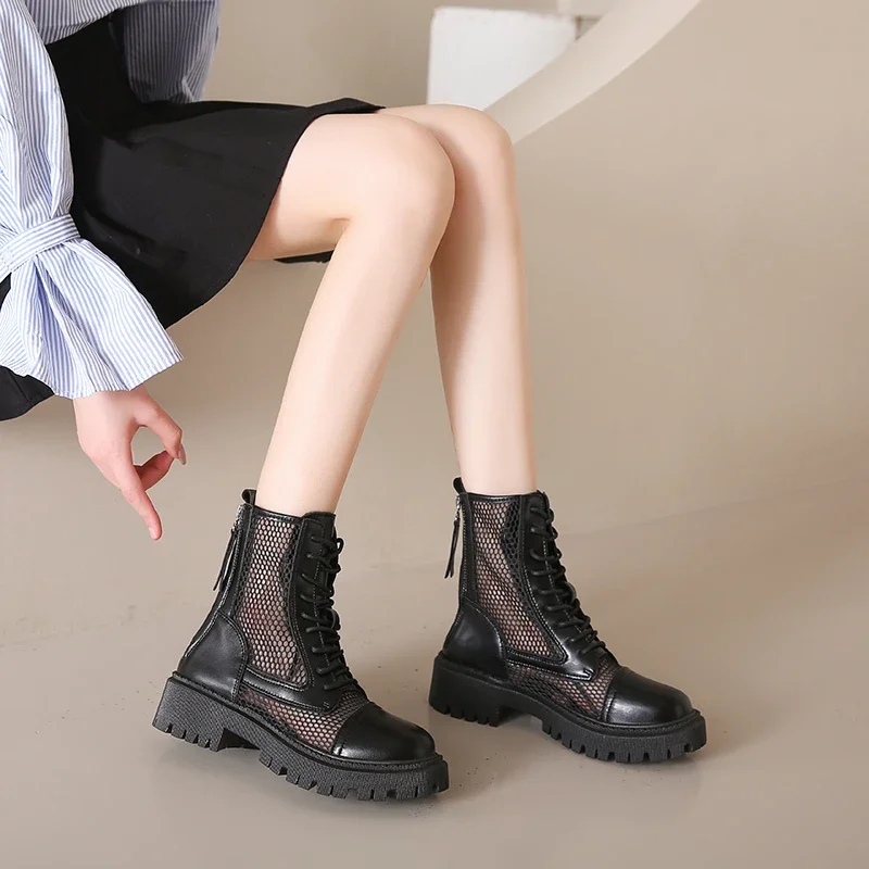 Hollow Fashion Boots Female 2024 Summer Mesh Breathable Leisure Inner Elevated Mid length Mesh Boots Female