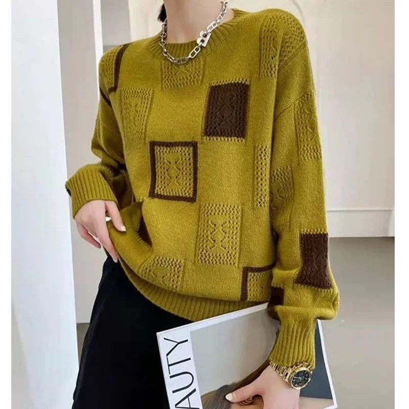 Womens Clothing Autumn and Winter Vintage Geometric Patchwork Knitted Sweater Casual Streetwear Pullover Tops Long Sleeve E47