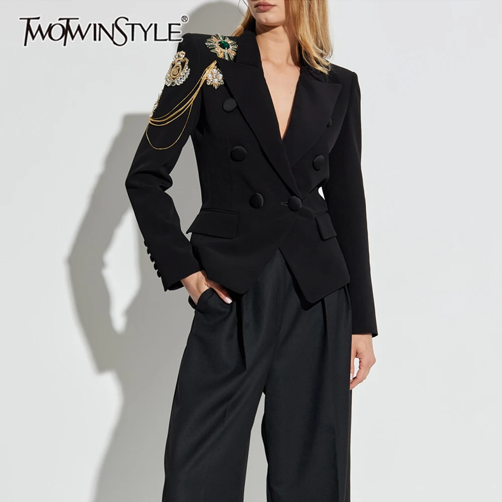 

TWOTWINSTYLE Slimming Spliced Bead Flower Fashion Blazers for Women Lapel Long Sleeves Patchwork Chain Temperament Blazer Female