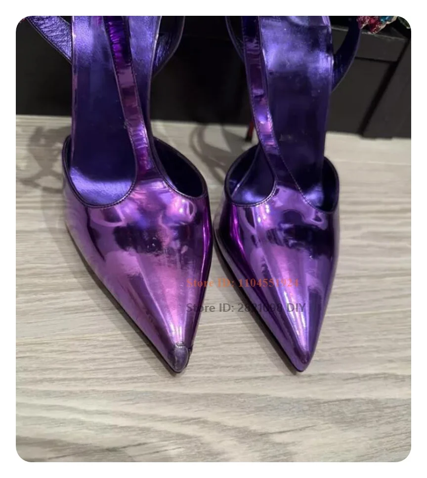 Mehrfarbige Kristall-Strasssteine, lila Lackleder, T-Riemen-Pumps für Damen, spitze Zehen, dünne Schuhe mit hohen Absätzen