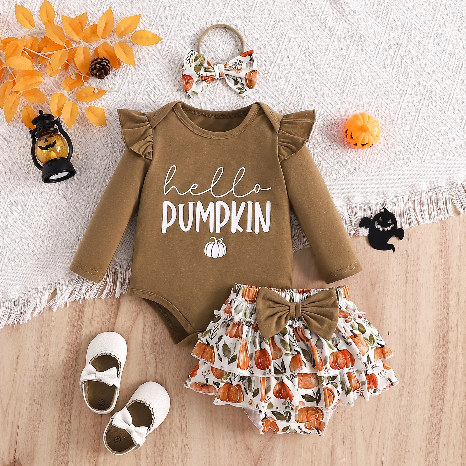 3PCS Girl Baby Halloween Long Sleeve Letter Ha Yi Pumpkin Printed Shorts+Headband Set 0-3m