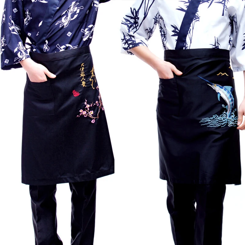 Sushi Restaurant Half Waist Embroidered Apron Japanese Style Cuisine Apron Food and Beverage Service Kitchen Cooking Aprons