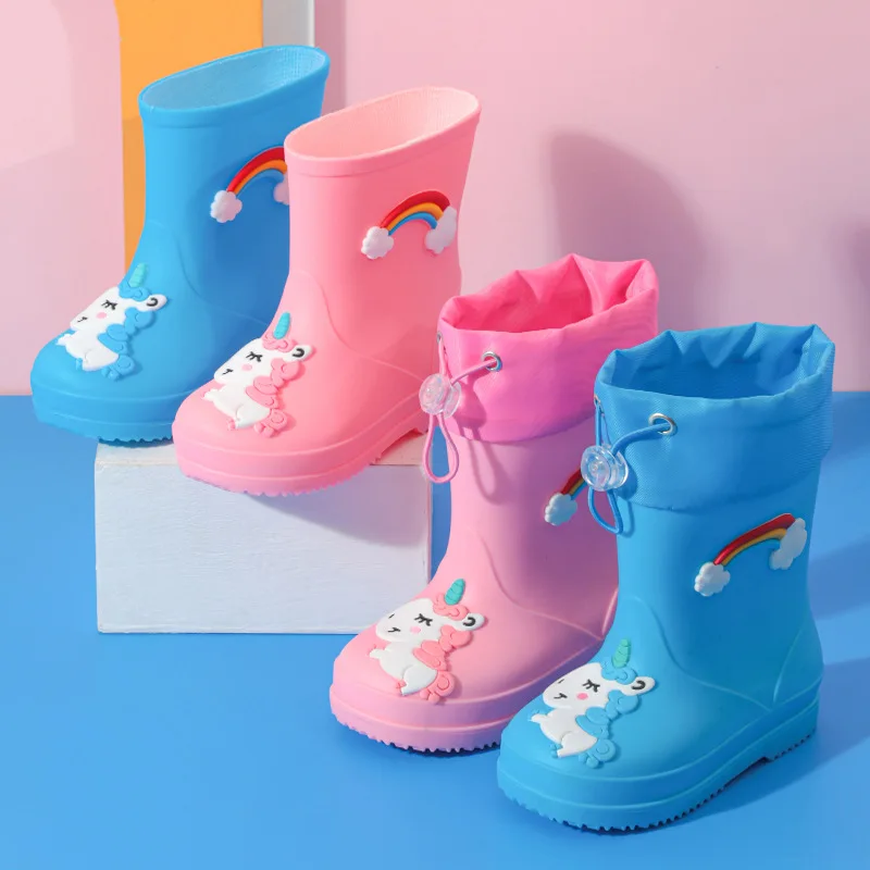 Kids Rain Boots For Girls Rubber Rainboot Boys PVC Warm Children Waterproof Shoes Modis Cartoon Unicorn Removable cotton cover