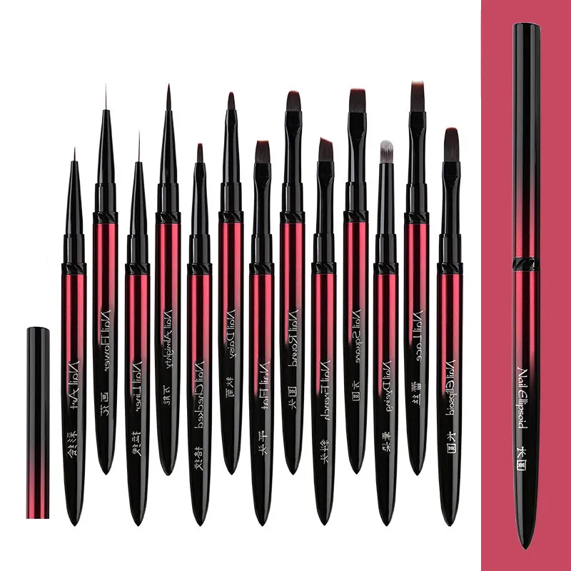 New 1/13pcs Nail Art Brush Set Black Red Metal Handle Acrylic UV Gel Polish Crystal Acrylic Nail Drawing Tools High Quality