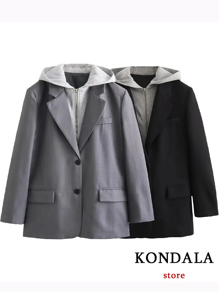 

KONDALA Vintage Women Blazer Hooded Solid Single Breasted V Neck Long Sleeve Pockets Blazer Fashion 2024 Office Lady Blazers