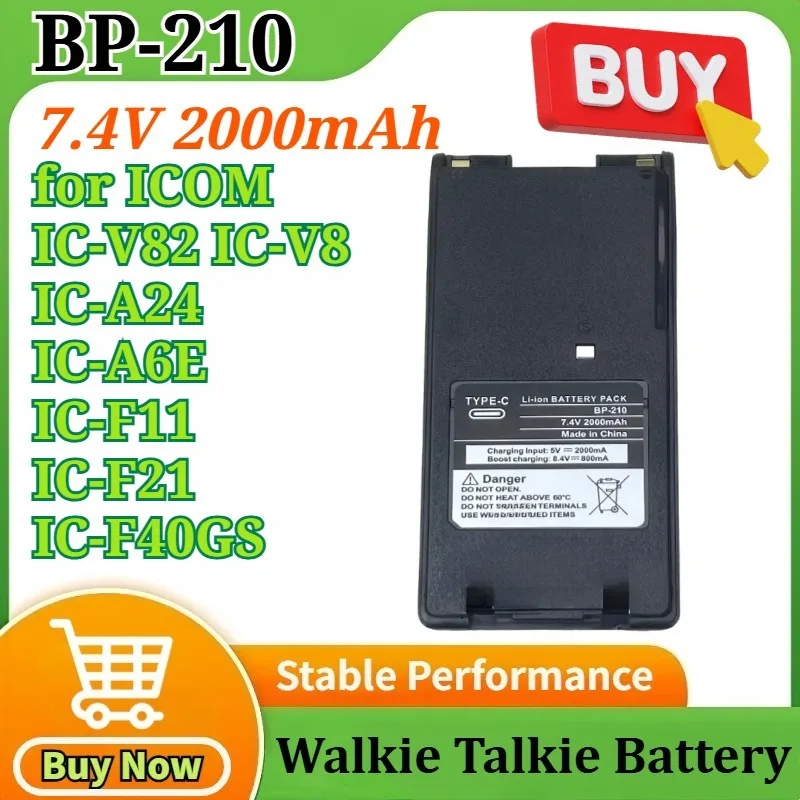 

BP-210 7.4V 2000mAh Type-C USB Replacement Li-ion Battery for ICOM IC-V82 IC-A24 IC-A6E IC-F11 IC-F21 IC-F40GS Two Way Radios