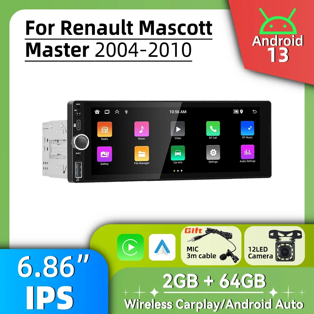 

Стерео экран 6,86 дюйма для Renault Mascott Master 2004-2010 Carplay Android Auto Android Автомобильный мультимедийный 1-диночный радиоприемник GPS