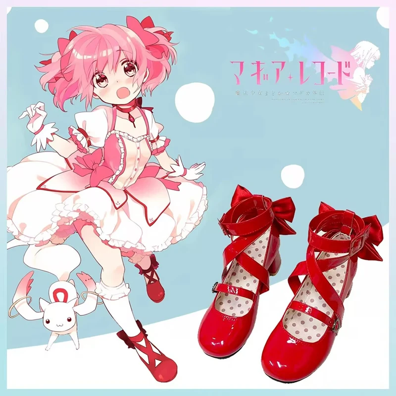 Anime Puella Magi Madoka Magica Kaname Madoka Cosplay Shoes Lolita Red Bow High Heels Leather Boots Halloween Costume Props