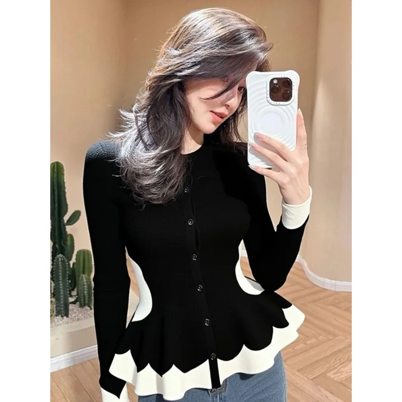 French Style Color Block Peplum Knit Cardigan Women Autumn Slim Fit Ruffle Hem Long Sleeve Elegant Knitwear Tops