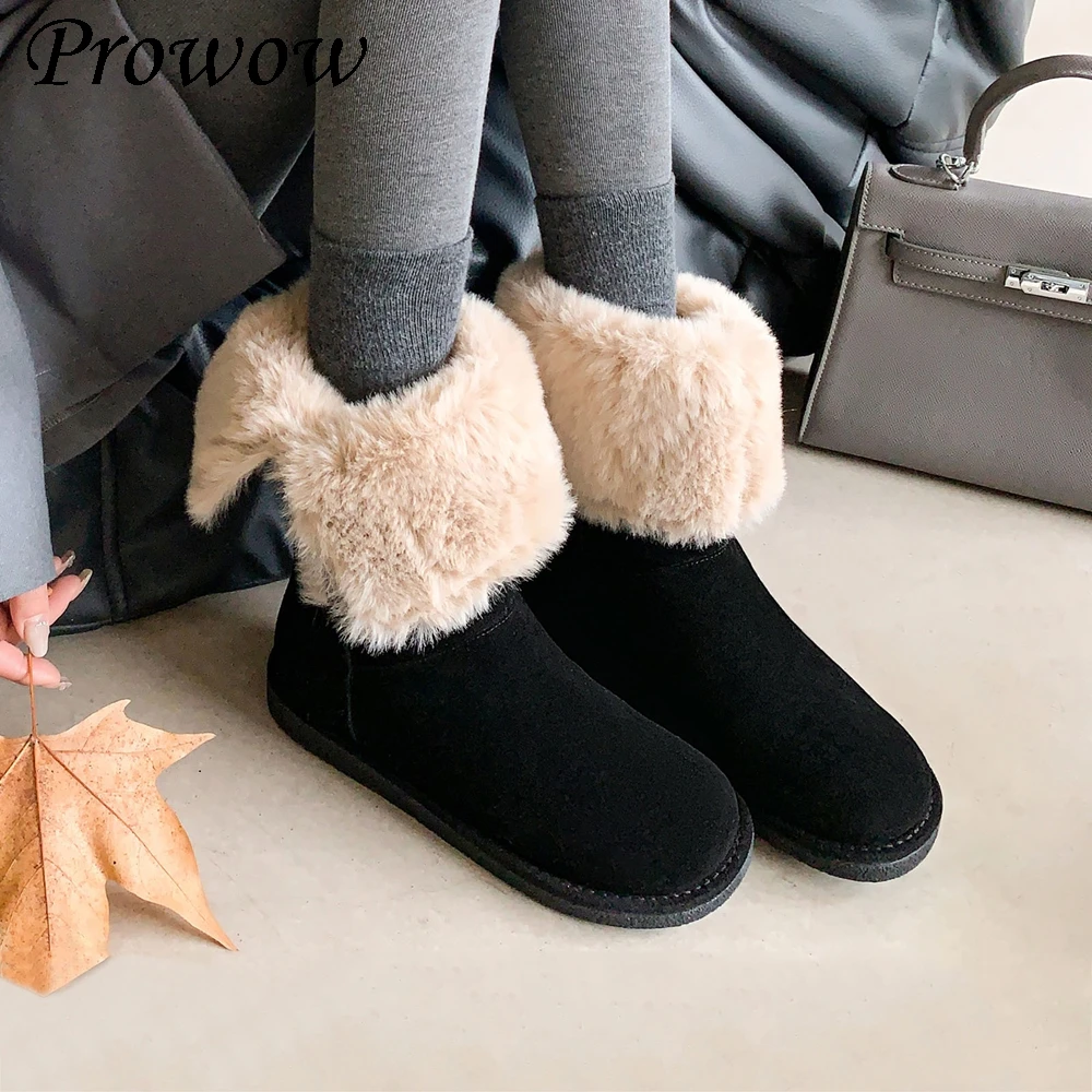 Nuevas botas de nieve de ante vacuno y terciopelo grueso con punta redonda y parte inferior plana hasta la rodilla Zapatos de Mujer