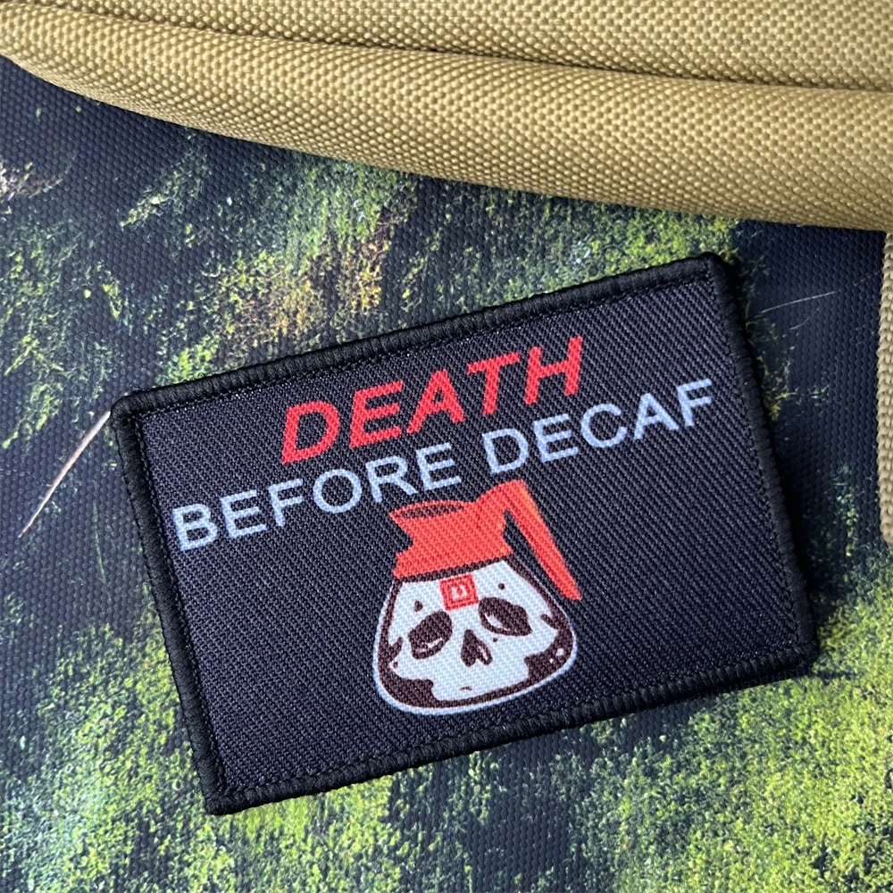 

DEATH BEFORE DECAF Morale Badge Patch Coffee Skull Printed Patches Tactical Backpack Hook and Loop Stickers