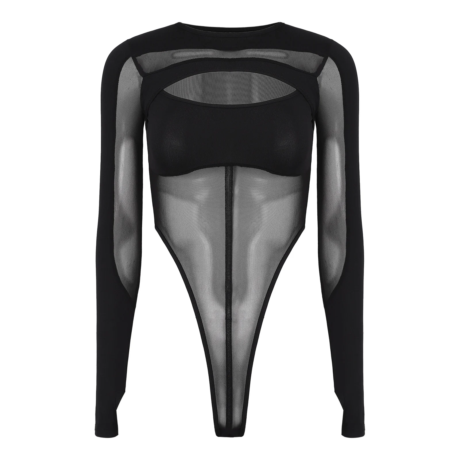 

Fashion Womens Chic Daily Bodysuit Sheer Mesh Patchwork Front Cutout High-cutting Buttoned Crotch Form-fitting Leotard Jumpsuit