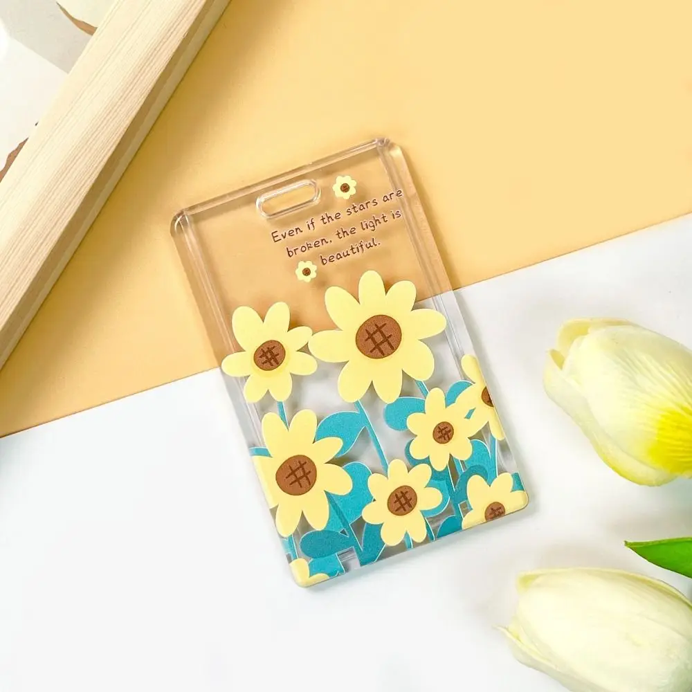 Hanging Neck Transparent Card Holder Keychain Sliding Closure Flower Card Case Double-sided Viewing ID Credit Card Holder