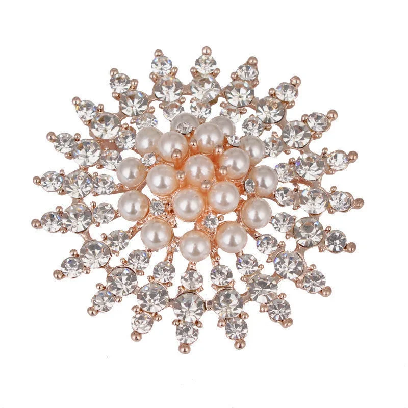 New Luxury Elegant Glittering Sunflower Brooches Silver Gold Color Rhinestone Alloy Pearl Brooch Lady Party Pins Birthday Jewelr