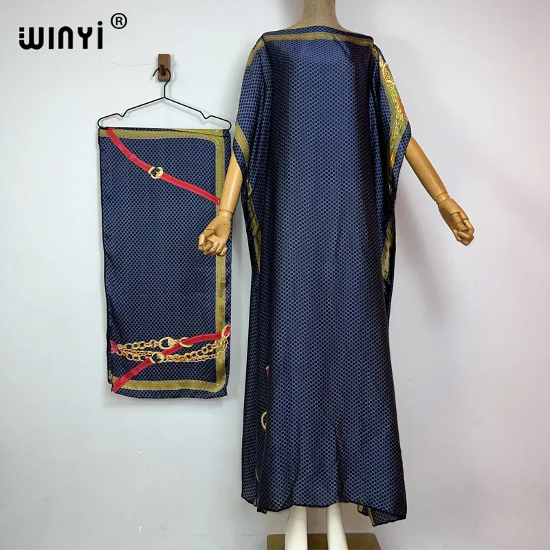 WINYI-Robe maxi en soie bohème avec ceinture, imprimé africain, dashiki, abaya, caftan, élégante, dubaï, décontractée, mode été 2023