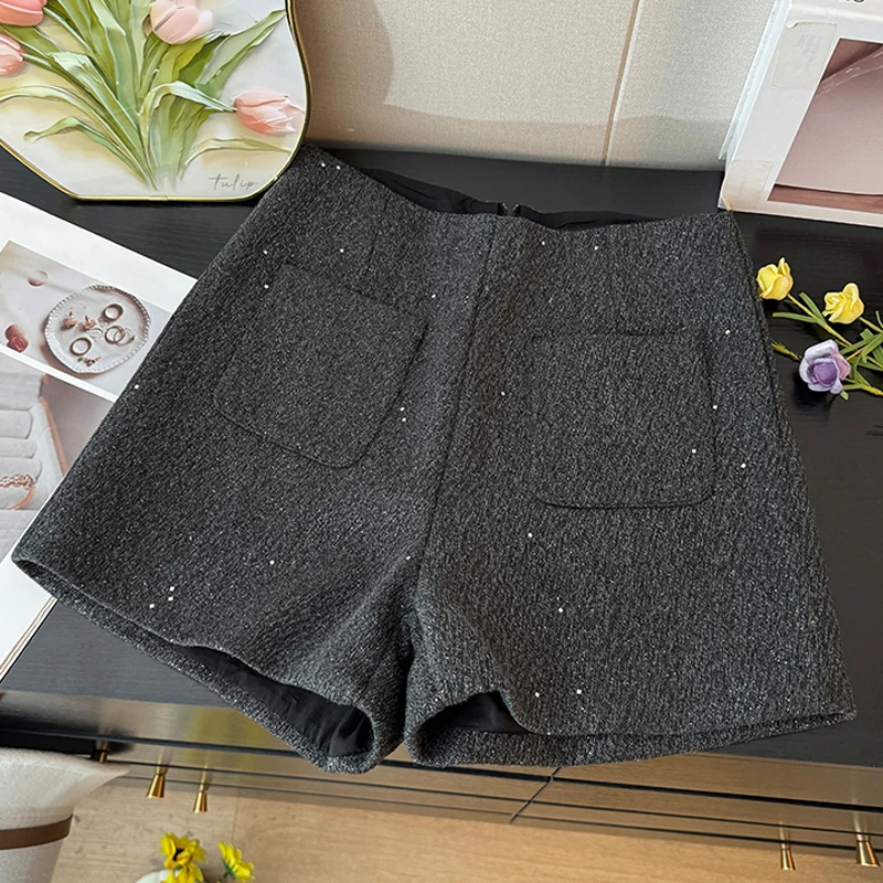 Temperament Thickened Sequined Woolen Shorts New Women's Fashion High Waist A-line Wide Leg Shorts Winter Versatile Short Pants