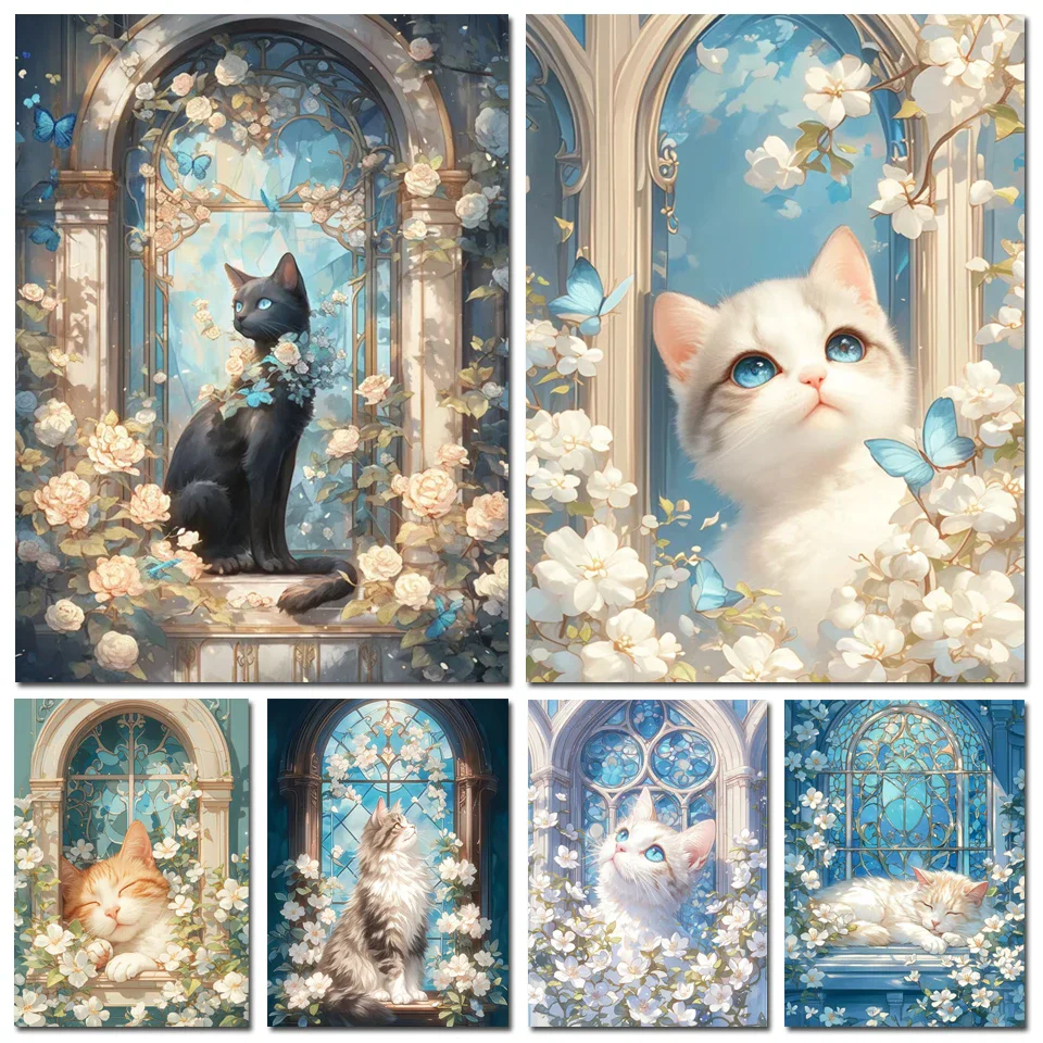 Full Diamond Painting New Collection Windowsill Cat and Flowers 5D DIY Diamond Embroidery Animal Cross Stitch Mosaic Home Decor