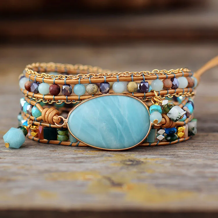 Custom Natural Amazonite Handwoven Leather Multilayer Mixed Beads Boho Wrap Bracelet For Women Daily Party Holiday Jewelry Gift