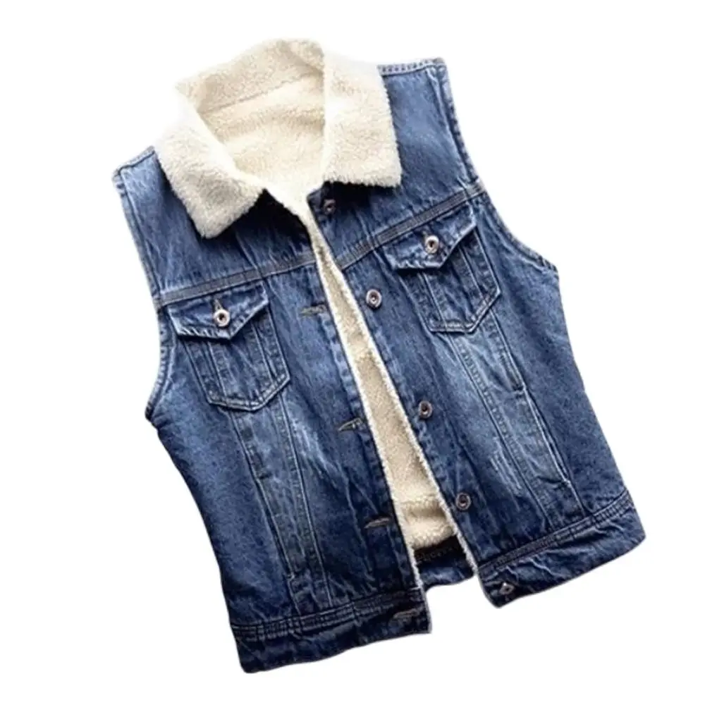 Warm Plus Velvet Gilet Female Boyfriend Padded Coats Bomber Windbreake Women Winter Autumn Denim Waistcoat Jacket Winter Jeans