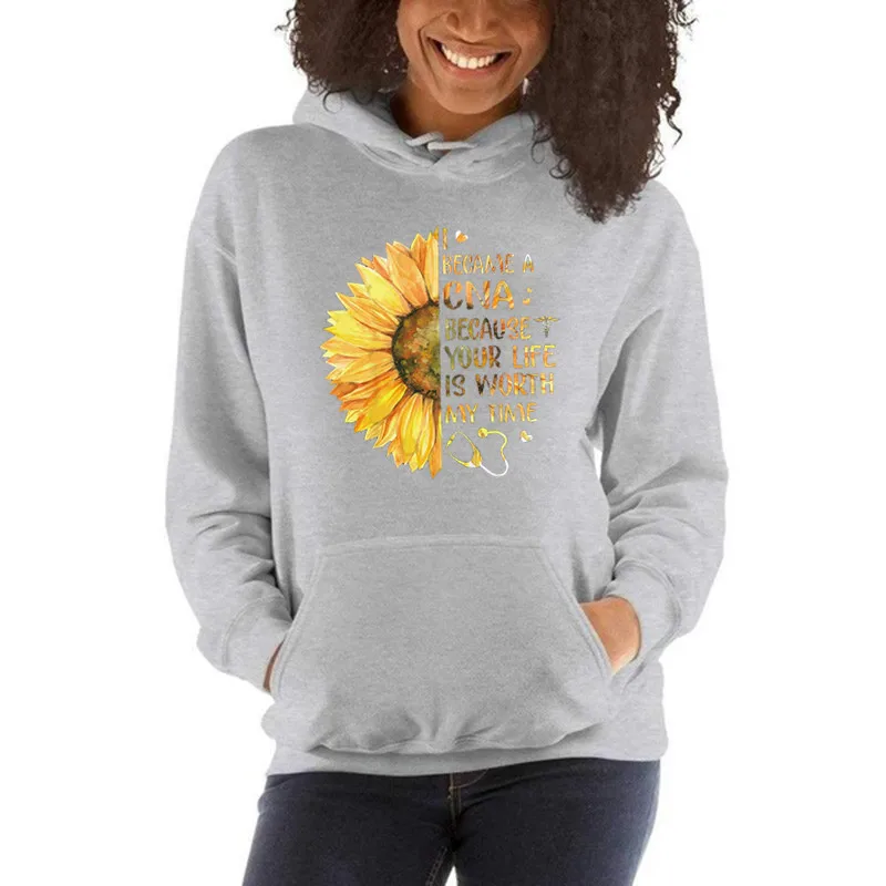 Langärmliger, winddichter Kapuzenpullover mit Sonnenblumenmuster-Aufdruck für Damen, lässiges und warmes Kapuzenpullover, Streetwear für Damen