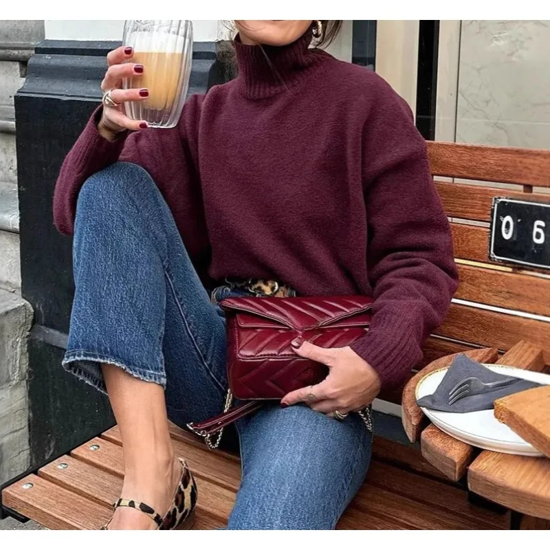 

2025 Autumn Fashion High-neck Long-sleeve Soft Basic Knitted Sweater