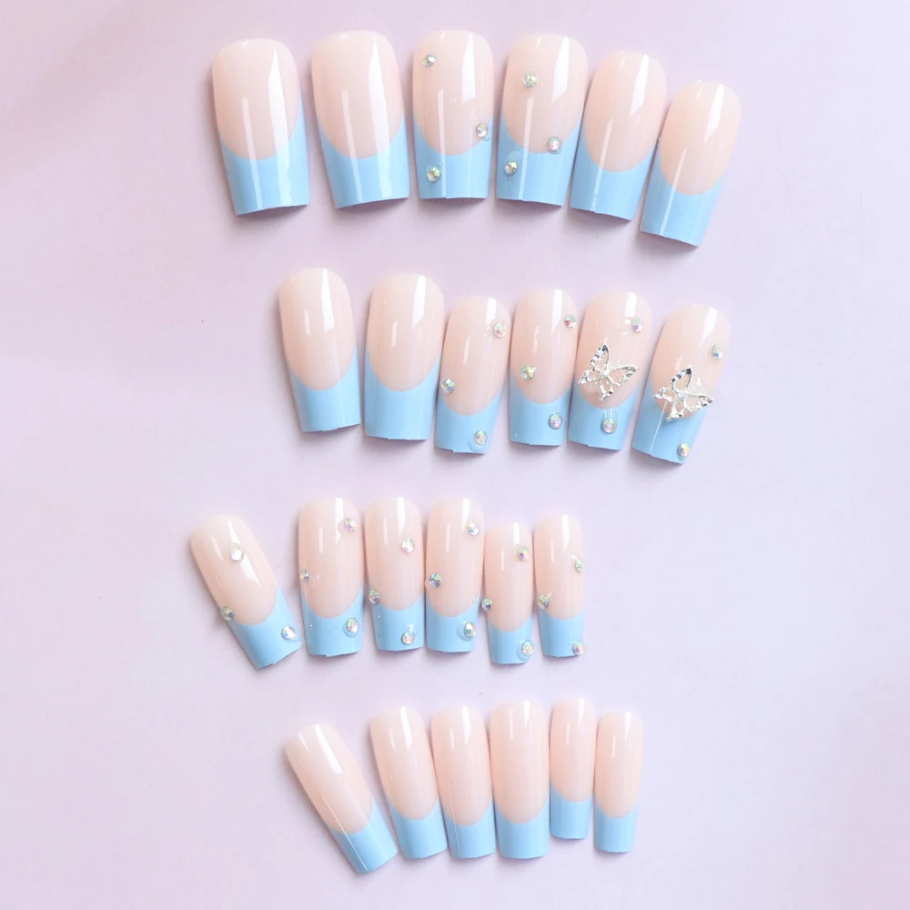 Artag 24PCS Medium Coffin Press On Nails Blue Fingertip French Trim Flash Drill Bowknot Press On Nails Full Cover Set di unghie finte