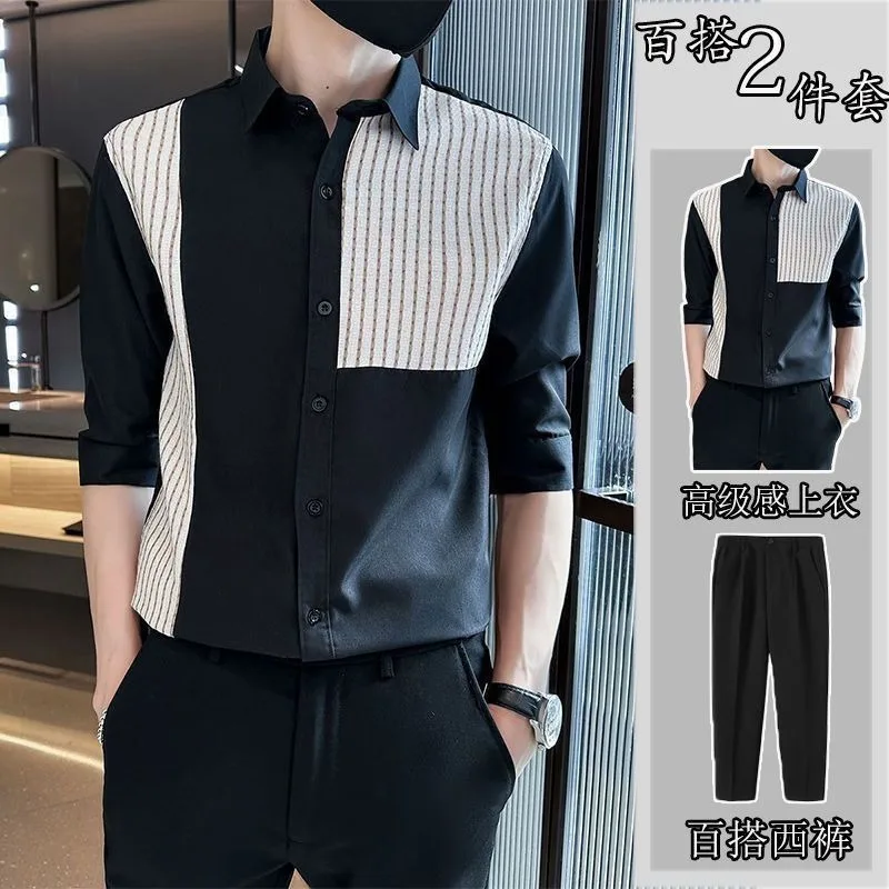 

Красивая рубашка с семиточечным рукавом и рюшами в полоску, летняя трендовая тонкая повседневная мужская рубашка с короткими рукавами, индивидуальный комплект