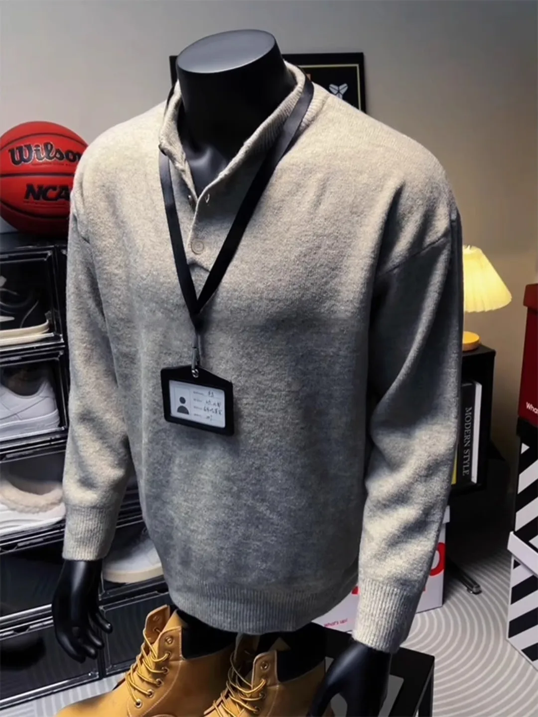 

Light ey Casual Henry Collar Knitwear Men's Sle Autumn Heavyweight Lazy Sle Inner irt Base Layer Clothing