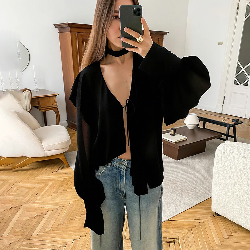 

Linad Sexy White Sheer Cardigan Shirt Elegant Black Lantern Sleeve Blouse Woman 2025 Fashion Ruffles Casual Ladies Tops Autumn