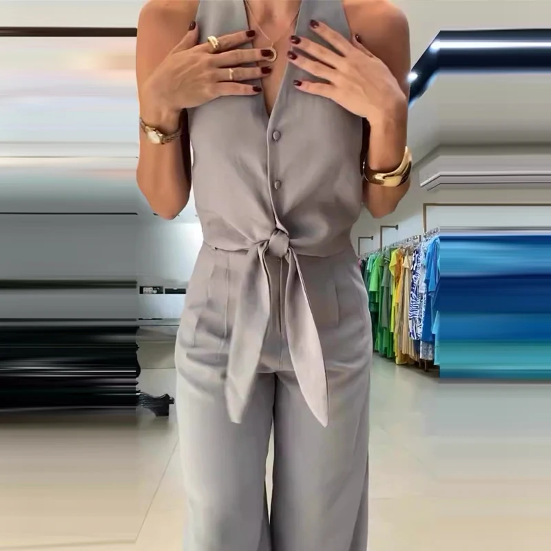 

Simple Solid Color Temperament Commuting Suit Elegant Women Summer Outfit Sexy Halter Sleeveless Top & Long Pants Two Piece Set