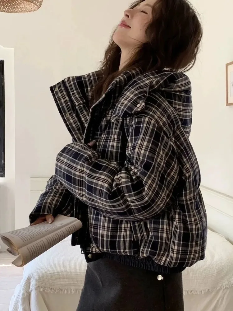 

Trendy Plaid ort Women's Jaet 2025 Winter Thiened Bread Sle Coat Warm Loose Fit Ladies Faion Retro Windbreaker