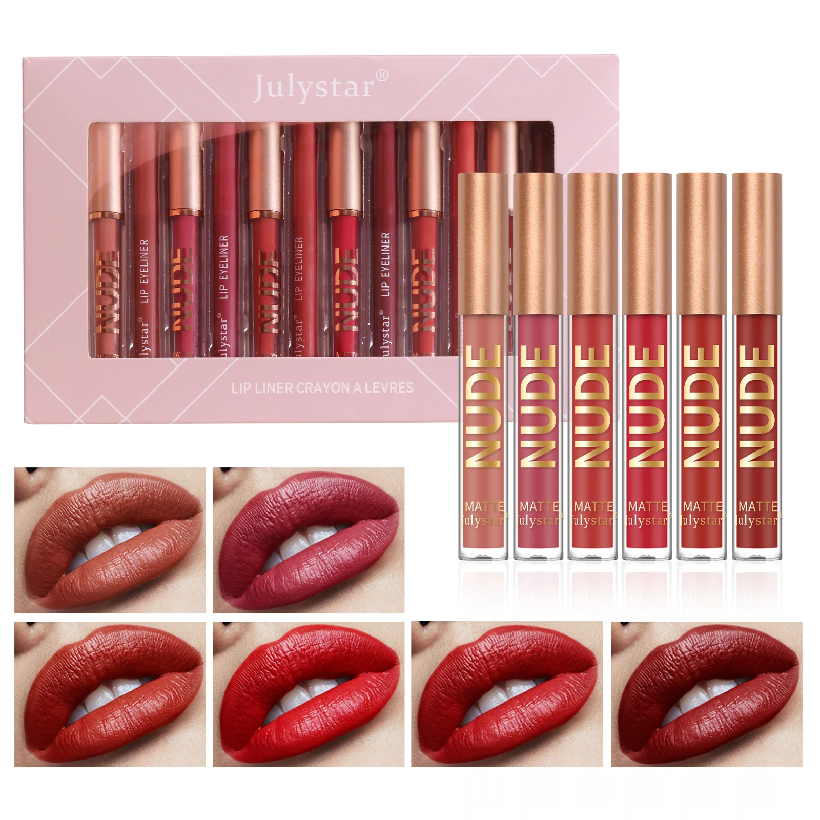 Julystar 6 + 6 Lipkleur Lipliner Set Gemakkelijk Te Kleuren En Duurzame Kleuring Make-Up Dames Dagelijkse Draagbare Make-Up Set