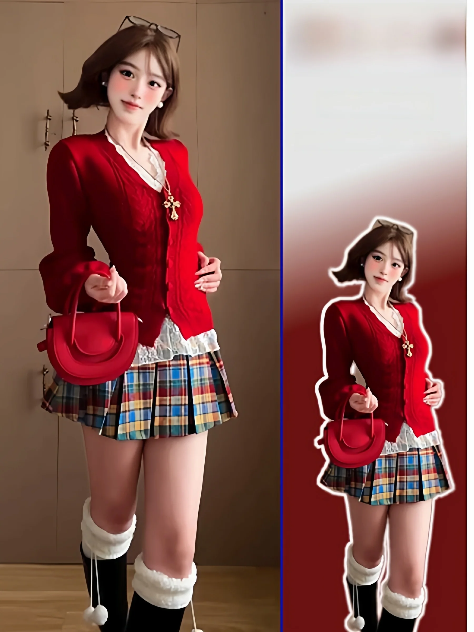 

Red V-Ne Twist Slim Fit Base irt plus Size Fat MM Spring Ele Weight Loss Knitted Sweater Top French Sle Long Sve