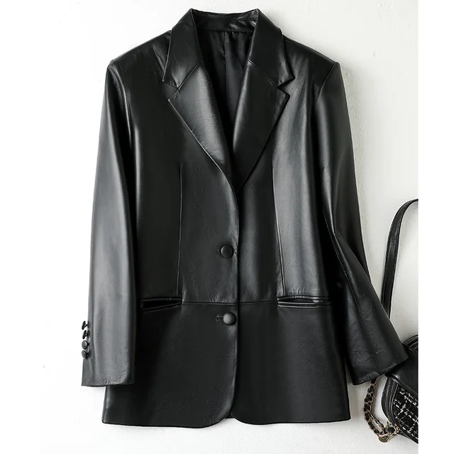 2024 New Lambskin Blazer Jackets for Women Fashion Pink Single-Breasted Casual Ladies Real Leather Blazer Coats Oversize Style
