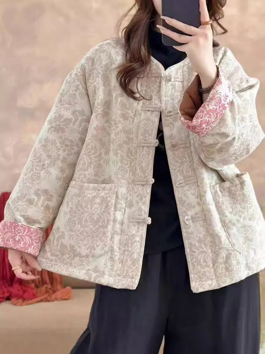 Novo chinês sle jaqueta de algodão feminino com gola e borla bordada forro calor suficiente para o inverno