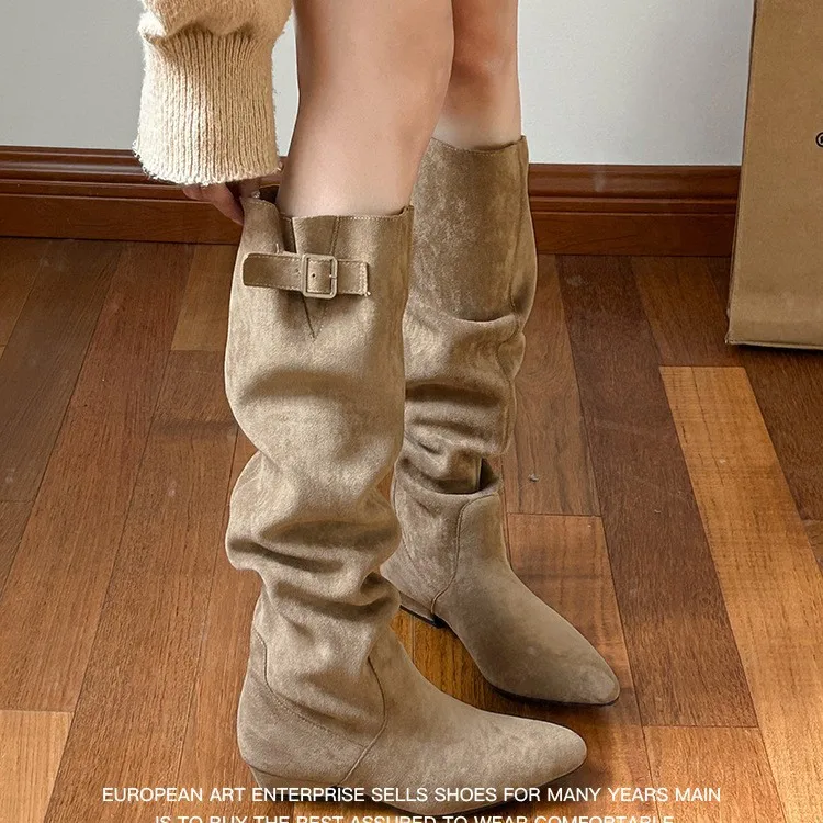 

Women's winter retro pile boots French slimming high boots thick heel suede khaki long boots