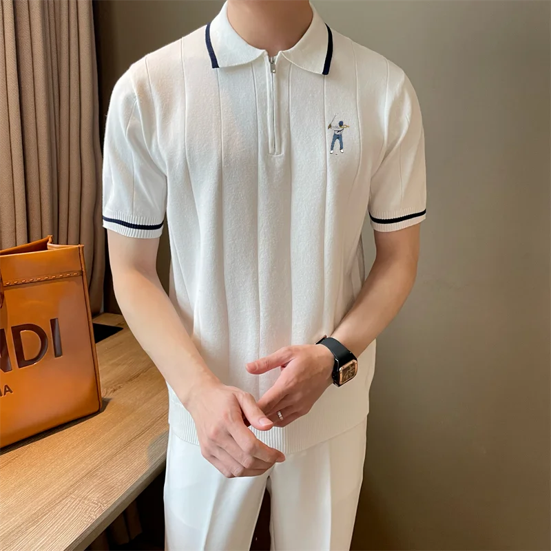 

Men Golf Clothing Striped Lapel Knitted Golf Polo Shirt Korean Summer Men's Casual Luxury Brand Golf Short-sleeved T-shirt