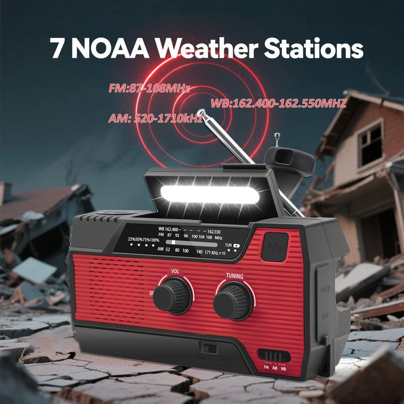 FM Radio Weather Receiver 4000mAh Multifunctional Solar Hand Crank Radio USB Charging Emergency Radio LED Flashlight Power Ban