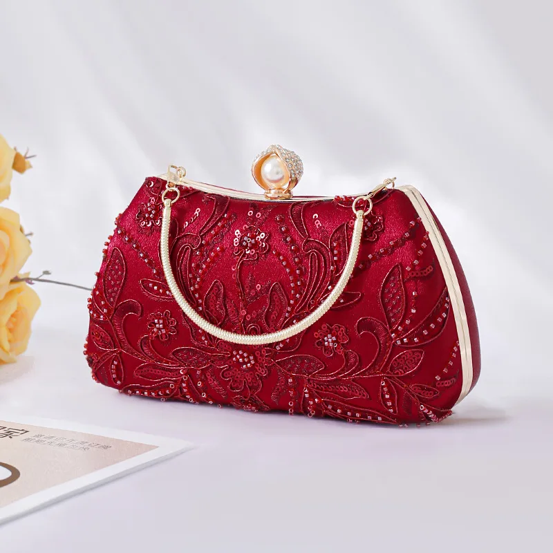 

Luxury Retro Wine Red Dinner Evening Bags Handmade Beaded Sequin Charm Handbags For Women Prom Small Clutch Chain Shoulder Bag