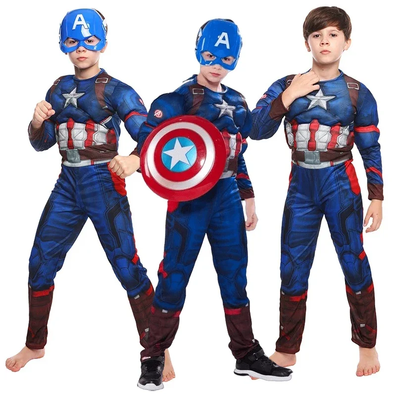 Captain America Cosplay Costume Shield Superhero Steve Rogers Muscle Bodysuit Jumpsuit for Kids Halloween Cosplay Carnival Party